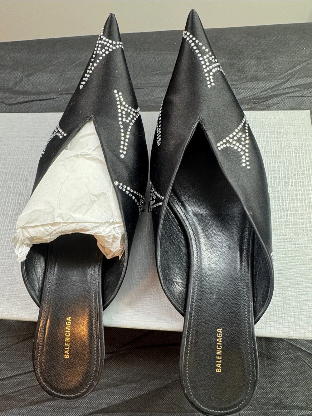 Balenciaga Black Satin Pointed-Toe Crystal-Embellished Mules - Picture 6 of 7